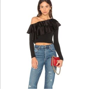 Alice + Olivia Izzy Cropped Ruffled Asymmetric Blouse